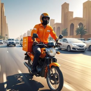 Delivary Raider in saudi arab road ,, not saudi man,, use motor bike